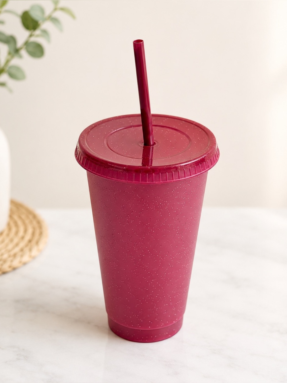 Glittery Burgundy Reusable Tumbler with Straw & Lid